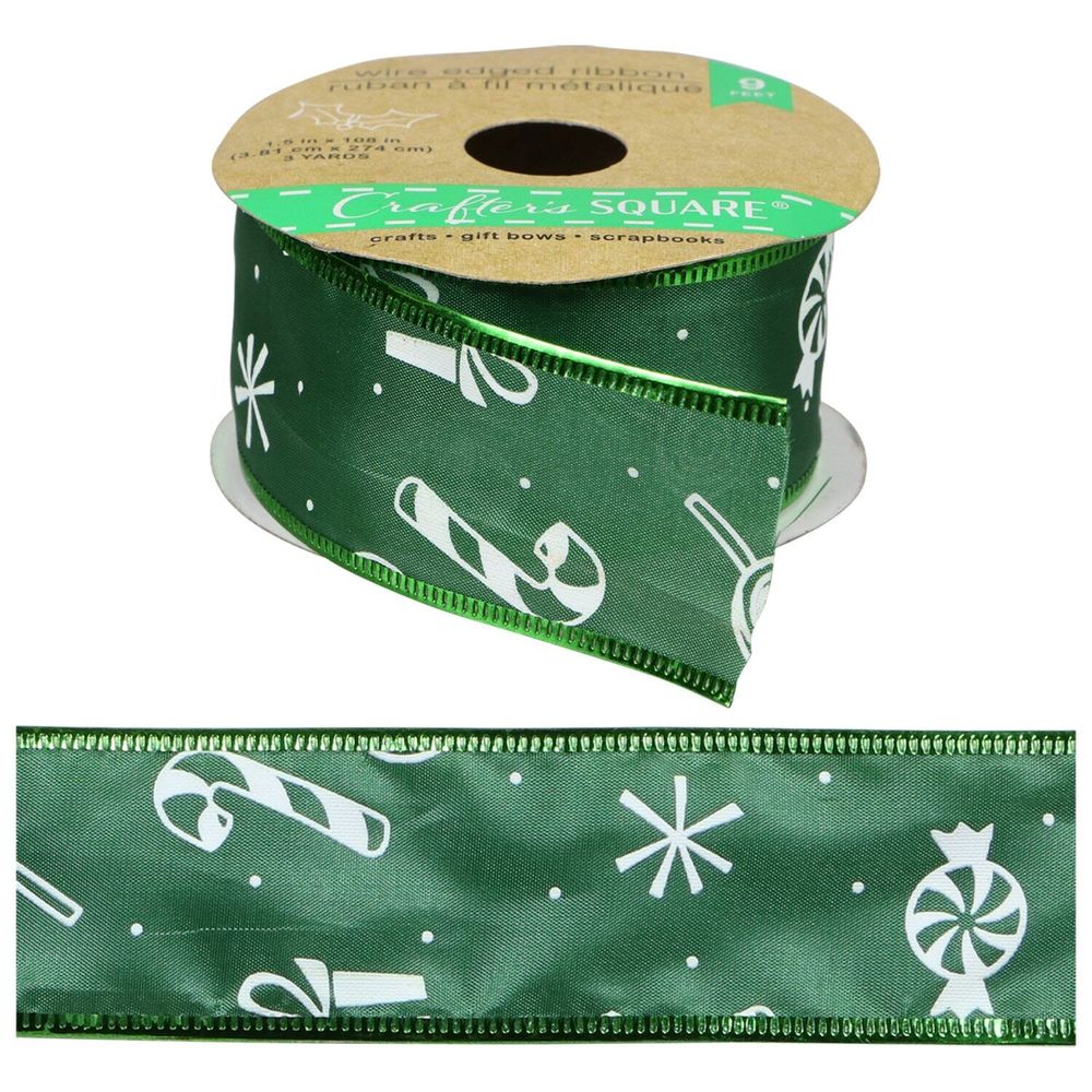 Crafter's Square 1.5" x 3 yds Christmas Wire-Edge Ribbon - Vreen w/presan - R037